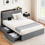 IDEALHOUSE Queen Size Bed Frame with Charging Station and 4 Storage Drawers, Upholstered Velvet Platform Bed Frame with Storage Headboard and Sturdy Wooden Slats Support, No Box Spring Needed, Grey