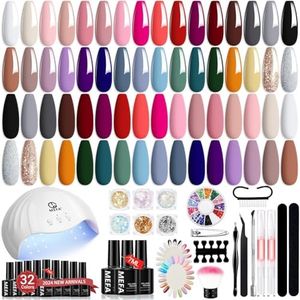MEFA 54 Pcs Gel Nail Kit with 48W UV Lamp, 32 Colors Nude Pink Gray Gel Nail Polish Set with Base and Matte Glossy Top Coat Nail Art Decorations Manicure Tools DIY Salon Home