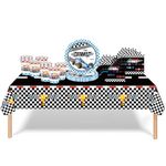 53Pcs Racing Black and White Checkered Party Tableware Decorations Set,Racing Car Boys Champions Party Table Cloth,Paper Plates,Napkins,Cups Set for Boys Him Birthday Race Car Party Table Decor