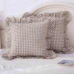 Mywinlle Taupe/White Plaid Euro Pillow Shams Ruffle Pillowcases Set of 2,Shabby Checkered Pillow Cover Washed Cotton Pillow Covers(26"x26",Taupe/White Plaid