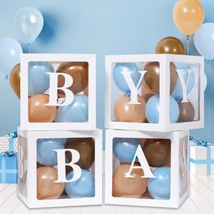 RUBFAC Baby Boxes for Bear Baby Shower Decoration with 8 Letters and 36 Brown Blue Skin Nude Balloons, 4pcs Transparent Clear Balloon Boxes Blocks for Boy Girl Birthday Party Backdrop