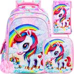 3PCS Unicorn Backpack, 16”Kids Sequin Bookbag for Girls with Lunch Box, Water Resistant School Bag for Elementary Preschool Toddler