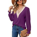 LEKOPUR Ladies Lace Long Sleeve Blouses Elegant V Neck Women's Blouses & Shirts Purple Loose Casual Going Out Tunic Tops for Women Size 14 UK