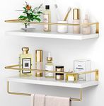 OnlySky White Floating Shelves with Golden Towel Rack - Set of 2 Wall Mounted Hanging Bathroom Shelves, Decorative Shelves for Stylish Storage in Bathroom, Kitchen, Living Room & Bedroom