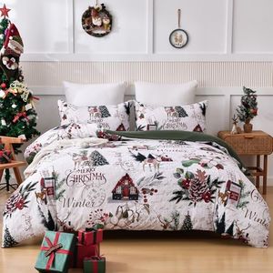 Djoymock Christmas King Size Duvet Cover Sets Xmas Tree Reindeer Printed Bedding Set Green Bed Cover Set Decorations, For Women Men, Microfiber Quilt Cover For Festive Bedroom Decor