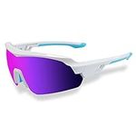 JOGVELO Sport Sunglasses Polarized for Men, Cycling Sunglasses UV400 Protection with 5 Interchangeable Lens for Running Baseball Golf Driving, White&Blue