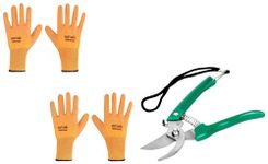 Kraft Seeds Gardening Gloves (2 Pairs, Free Size) Assorted Hand Pruner Cutter - 1 Pc (Steel Blades)