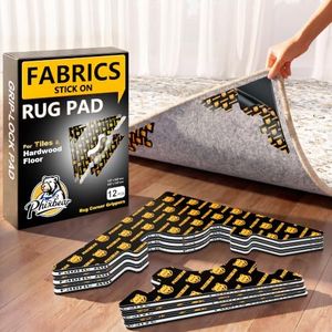 PHIXBEAR Non Slip Rug Corner Grip Pads, 2X Large Dual-Layer Rug Tape Alternative, Floor-Safe Reusable & Washable, No Residue for Area Rugs & Runners (Black 12 PCS)