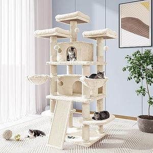 Allewie 68 Inches Cat Tree/House and Towers for Big Feline/Scratching Post/Multi-Level Large Kitty Climbing Tree with Condo/Beige