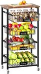 CHLORYARD 5-Tier Vegetable Fruit Basket Kitchen Storage Rolling Cart on Wheels with Pull-Out Baskets and Wood Top for Kitchen Diningroom Pantry