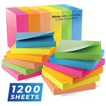 Sticky Notes 3x3, Bright Colorful Stickies, 12 Pads 1200 Sheets Total, Strong Self-Stick Notes, 6 Colors (Yellow, Green, Blue, Orange, Pink, Rose)