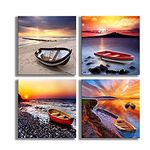 Seascape Boat Beach Painting Canvas Art Wall Decor 4 Panels Framed Ready to Hang(12x12Inchx4Pcs)
