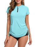 Rash Vest Women Short Sleeve Rash Guard 1/4 Zip Front Ladies Swim Top Quick Dry UV Swimming Shirts Adjustable Hem UPF 50+ Blue 14