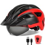 FUNWICT Adult Bike Helmet with Visor and Goggles for Men Women Mountain Road Bicycle Helmet Rechargeable Rear Light Cycling Helmet (XL: 59-63 cm (23.2-24.8 inches), BlackRed)