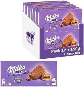 Milka Choco Trio Bizcocho de Cacao y Cubierto con Chocolate con Leche de los Alpes 150 g, Pack de 12