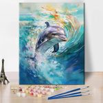 TISHIRON Cute Dolphin Paint by Numbers Kits, Easy DIY Oil Painting Colorful Paint by Numbers with Brushes and Pigment, Marine Animals Swimming Picture for Home Decor Gifts 16x20 Inch (without Frame)