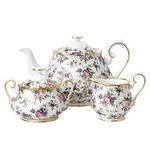 Royal Albert 100 Years 1940 English Chintz Teapot, Sugar, Cream, 3 Piece Set, White, Bone China