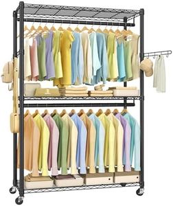 SONGMICS Garment Rack, Heavy-Duty Rolling Clothes Rack, Portable Closet Rack, 43.3-Inch Wide Clothing Rack on Wheels, with Adjustable Mesh Shelves and Hanging Rails, Hooks, Ink Black ULGR414B01