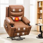 Power Lift Recliner PU Chair for Elderly, with Massage & Heat, Big and Tall Living Room or RV Single Sofa for Adults, 135° Reclining Accent Chairs, 2 Cup Holders and Side Pockets (Brown Leather)