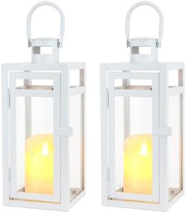 TRIROCKS Set of 2 Decorative Candle Lantern 12'' High Metal Candle Holder with Tempered Glass Perfect for Home Decor Living Room Parties Events Tabletop Indoor Outdoor (White)