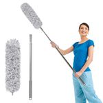 Extendable Feather Duster, Bendable Microfiber Duster with Extra Long Telescopic Extension Pole and Soft Silicone Cap, Washable Duster for Cleaning Roof, High Ceiling Fan, Blinds, Cobweb