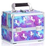 Joligrace Makeup Train Case Cosmetic Box Portable Makeup Organixer Case with Mirror 2 Trays Key Lock Makeup Box Organizer Storage Craft Case for Makeup Artist, Nail Kits, Crafter Unicorn