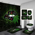 Camille&Andrew 4PCS Green Weed Leaf Sexy Lips Shower Curtain Set, Hippie Trippy Colorful Cannabis Marijuana Leaf Cool Stoner Bathroom Decor, Waterproof Fabric Black Shower Curtain, Non-Slip Bath Mat