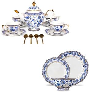 ACMLIFE Bone China Tea Set & Dinnerware Set for 4, Vintage Floral Design, Blue and White
