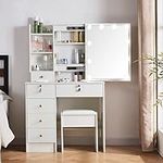 Buildonely Hollywood Vanity Set with Mirror and Light, Lockable Drawers and 6 Display Shelves Makeup Desk for Bedroom, Dressing Table with Soft Cushioned Stool for Girls and Women, White