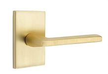 EMTEK Modern Rectangular Rosette Privacy Set with Matching Finish Helios Lever - Choice of Left/Right Handing and 7 Finishes - 5212HLORHUS4 - Right Handed (RH) - Satin Brass (US4)