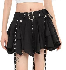 kakarin choyx Fashion Women's Casual High Waist A-line Mini Skirt Y2K Harajuku Halter Decoration Irregular Pleated Skirt S Black