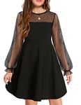 Arshiner Girl's Contrast Mesh Puff Long Sleeve High Waist A Line Black Short Dress with Pockets 8-9 Years