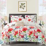 Uozzi Bedding 3 Piece King Reversible Floral Quilt Set White Red Green Colorful Soft Microfiber Lightweight Summer Coverlet Red Flowers Adult Bedspread for All Season -1 Quilt +2 Pillow Shams