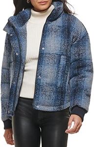 Levi's Women's Cinch Waist Puffer Jacket, Blue Ombre Wool Plaid, Small