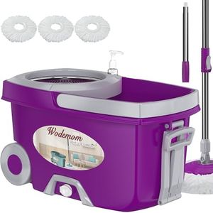 Dual Compartment Spin Mop and Bucket, Mop and Bucket with Wringer Set,360°Rotating Spinning Mopping for Floor Cleaning with 3 Microfiber Replacement Heads, 61" Extended Handle, 2X Wheel