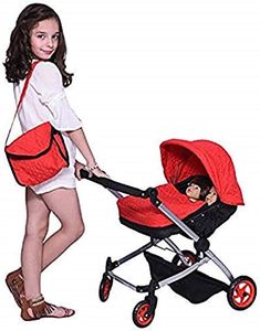 The New York Doll Collection Modern Twin Doll Deluxe Baby Boo Buggy Stroller Red Quilted Fabric – Beautiful Dolls Pram with Adjustable Height - Free Diaper Bag - Extra Tall