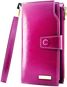 ANDOILT Women's RFID Blocking Large Capacity Luxury Wax Genuine Leather Clutch Wallet Card Holder Organizer Ladies Purse Rose Red