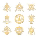 OLYCRAFT 9pcs 4x4cm Luck Golden Metal Stickers Eight Auspicious Stickers Self Adhesive Ashtamangala Buddhism Energy Stickers Golden Epoxy Stickers for DIY Scrapbooks Epoxy Resin Decoration