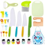 25 Pcs Kids Cooking Tools Set, Wooden Kid Safe Cooking Tools Including Apron, Peeler, Cutting Board, Crinkle Cutter, Fruit Stick, Sandwich Cutter for Kids Cooking Play