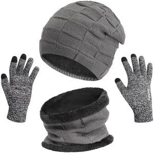MAYLISACC 3Pcs Men Beanie Hat Scarf with Knit Gloves Touchscreen Set Winter Caps Ski Neck Warmer for Guys Grey