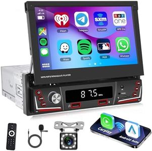 Rimoody Single Din Wireless Apple CarPlay Car Stereo, 7 Inch Flip Out Touchscreen 1 DIN Car Radio with Bluetooth FM Radio Android Auto Mirror Link for Android/iOS TF/USB + Rear View Camera