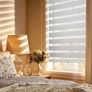 HESTIA Cordless Light Filtering Zebra Shades, Linen-Like Fabric Blinds for Indoor Windows, Dual Layer for Day & Night Light Control in Bedroom/Living Room/Office, Light Grey, 75" W X 72" H
