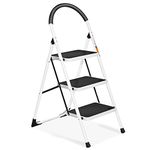 3 Step Ladder, SPIEEK Folding Step Stool with Extra Wide Anti-Slip Pedal, Lightweight Portable Sturdy Steel Ladders with Handgrip for Household Kitchen Office Outdoor, Escabeau White, 330lbs Capacity