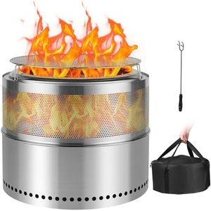 SMOOL 50cm Smokeless Fire Pit, Portable Fire Pits for Camping, Stainless Steel Outdoor Fire Pit BBQ for Patio & Garden, Wood Burning Stove with Removable Ash Pan, Carry Bag, Poker and Grill