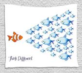 Ocean Animal Decor Tapestry, Quote with Outsider Fish Against All Others Motivational Print Artwork, Wall Hanging for Bedroom Living Room Dorm, 80 W X 60 L Inches, Blue Orange