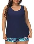 Hanna Nikole Women's Athletic Swimwear Tankini Plus Size Swim Tops with Boy Leg Shorts Navy Floral 22W