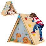 GYMAX Kids Wooden Playhouse, 2 in 1 Play Tent with Rock Climbing Wall, Ring Bell & Door Curtain, Outdoor Indoor Triangle Toddler Climber for 3-8 Years Old Boys Girls