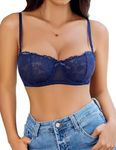 Avidlove Women's Sexy Lace Push Up Bra Sheer Balconette Underwire Unlined Everyday Bras Navy Blue