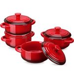 LOVECASA Mini Cocottes 12 OZ / 380ml with Lids and Handles, Set of 4 Single-portion Stoneware French Onion Soup Bowls, Round Casserole Baking Dishes, Oven and Dishwasher Safe, Rust Red Gradient