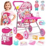Baby Doll Stroller Set with 12.5" Doll, Baby Dining Table, Backpack with Carrier, 21 PCS Baby Doll Accessories Stroller Toys, 2 Sets Doll Clothes, Feeding Set Girls Toddlers Gifts for Pretend Play